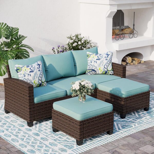 Patio Conversation Set Outdoor Furniture Brown Wicker Rattan Sets with Cushion Sectional Furniture,3 Pieces 5 Seats,Blue