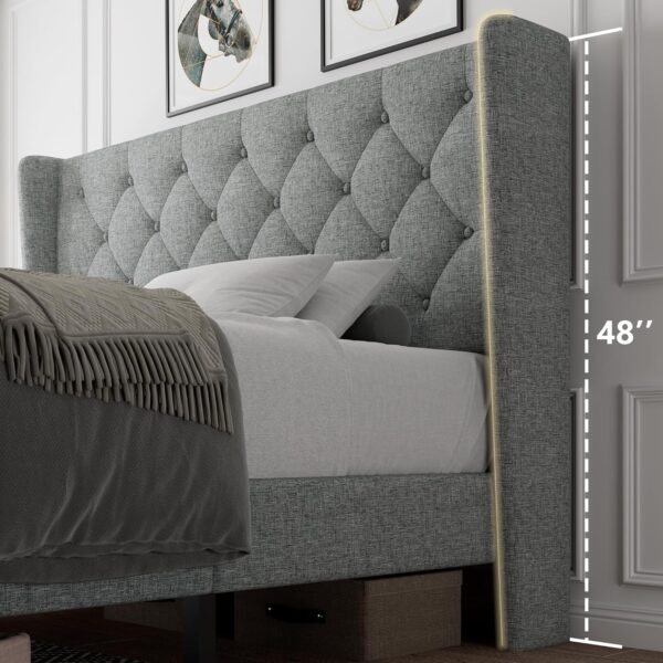 iPormis Queen Size Platform Bed Frame with Button Tufted Headboard, Upholstered Bed Frame with Solid Wooden Slats, 8" Underbed Space, No Box Spring Needed, Noise Free, Easy Assembly, Light Gray - Image 6