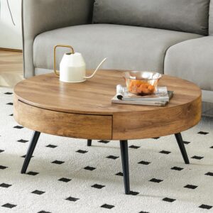 Wooden Coffee Table Modern Rectangular Coffee Table Rustic Center Table with Metal Leg for Living Room Reception Room Office (Brown (Drawer), Round)