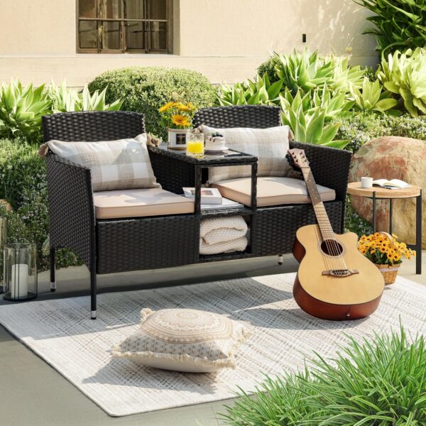 Devoko Outdoor Patio Loveseat Modern Rattan 2-Seat Patio Conversation Set with Cushions & Built-in Coffee Table Porch Furniture for Garden Lawn Backyard (Beige) - Image 6