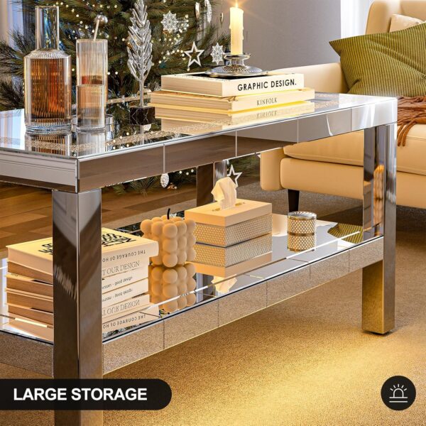 IKIFLY Mirrored Coffee Table with Mirror Crystal Board, Glass Rectangle End Table Coffee Tea Table with 2 Tier for Living Room Bedroom - Image 3