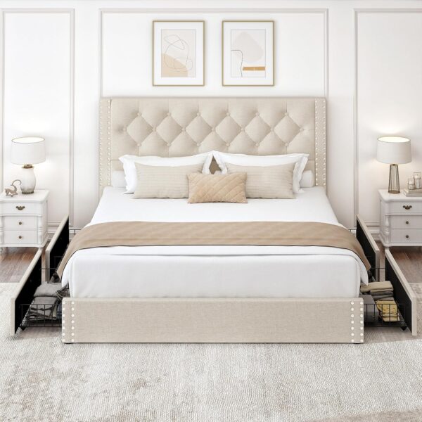 Queen Size Bed Frame with Storage and Tufted Headboard Linen Upholstered Platform Bed Frame with 4 Drawers, Wood Slats Support, Easy Assembly, Noise-Free, Beige - Image 7