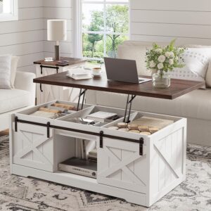 EnHomee Farmhouse Coffee Table with Storage, 35.5" W Large Square Coffee Table for Living Room, Wood Center Table with Flip-Top Lids, Coffee Tables with Hinged Lift Top, Rustic White