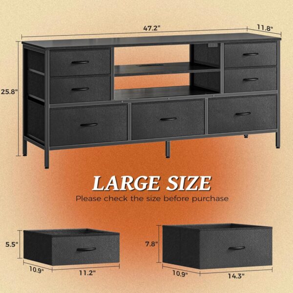 Dresser for Bedroom with Power Outlets and LED Lights, 7 Drawers TV Stand Dresser for 55 Inch TV, 47 Inches TV Console with Open Shelf, Wide Black Dresser, PU Leather, for Bedroom - Image 7