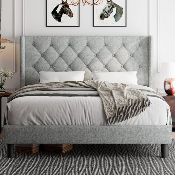 iPormis Queen Size Platform Bed Frame with Button Tufted Headboard, Upholstered Bed Frame with Solid Wooden Slats, 8" Underbed Space, No Box Spring Needed, Noise Free, Easy Assembly, Light Gray - Image 7