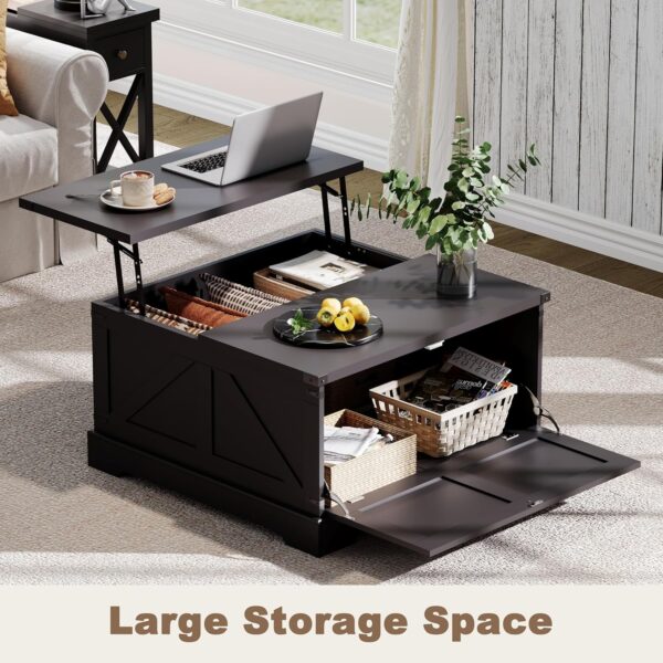 ChooChoo Farmhouse Coffee Table with Hidden Storage, Large Square Center Coffee Table with Lifting Top and Flip Drawer, Wood Rustic Cocktail Coffee Table for Living Room, Black - Image 3