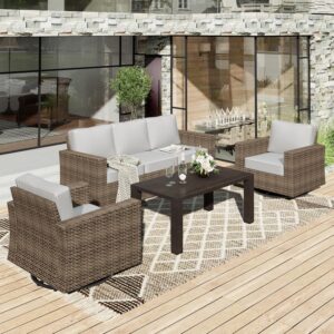 HERA'S HOUSE Patio Furniture Sets, Swivel Rocker Chairs with Wide Armrest, 4-Piece Wicker Outdoor Furniture Sectional Sofa, Patio Conversation Set for Backyard Deck Poolside, Grey