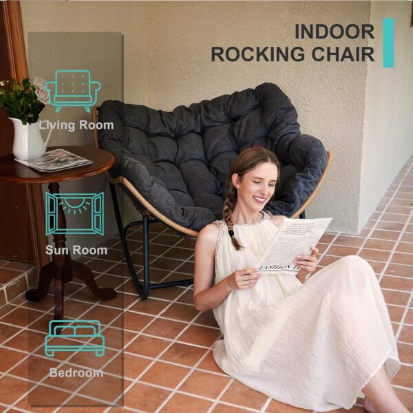 SWITTE Outdoor Rocking Chair, Patio Egg Rocking Chair, Indoor Papasan Chair, Rattan Wicker Lounge Chair, Modern Royal Chair for Bedroom, Living Room, Porch, Garden, Lawn-Dark Grey - Image 3