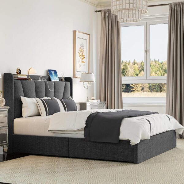 LIKIMIO Queen Bed Frame with Upholstered Headboard, Platform Bed with Storage Drawers and Outlets, Sturdy, Noiseless, No Box Spring Needed, Easy Assembly, Dark Gray - Image 5