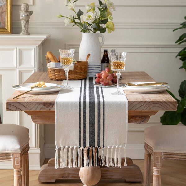 Caflife Boho Table Runner for Modern Farmhouse Decor, Dining Table décor 13 x 72 Inch Long, Coffee Table Runner with Handcrafted Tassels, Black and Beige Stripe Table Runner for Home Boho décor - Image 3