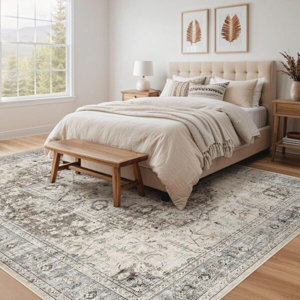 Area Rug Living Room Rugs - 8x10 Washable Boho Rug Vintage Oriental Distressed Farmhouse Large Thin Indoor Carpet for Living Room Bedroom Under Dining Table Home Office - Brown Blue - Image 2