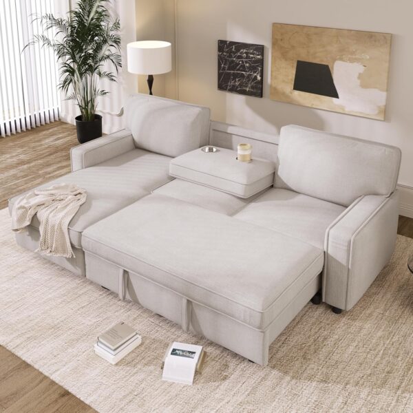 LUMISOL 89" Convertible Sectional Sofa Couch with Pull Out Bed, Sleeper Sofa Bed with Storage Chaise, 2 USB Ports and 2 Cup Holders for Living Room, Small Apartment, Beige - Image 3
