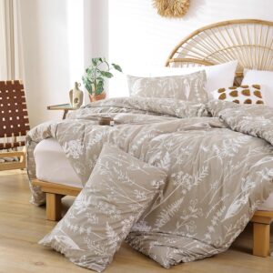 JANZAA Duvet Cover Twin Oatmeal Boho Duvet Cover with White Floral Patterns Botanical Bedding Soft Microfiber Bed Cover with Zipper Closure 4 Ties (1 Pillow Cases)