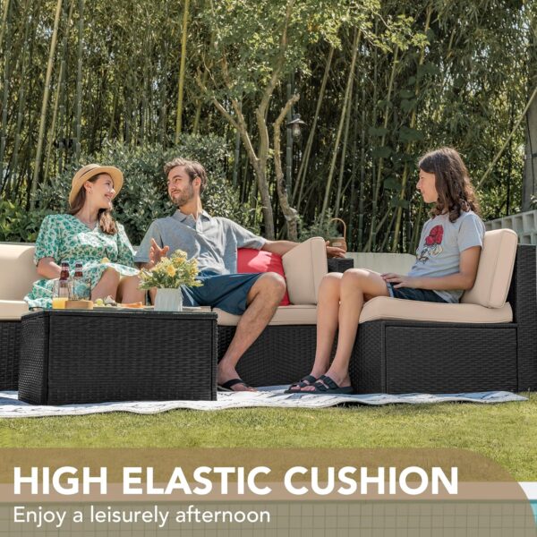 Devoko 7 Pieces Outdoor Sectional Sofa Patio Furniture Sets Manual Weaving Wicker Rattan Patio Conversation Sets with Cushion and Glass Table (Beige) - Image 4
