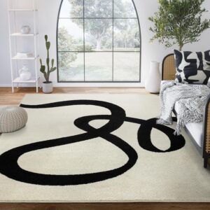 Abani Abstract Beige/Black Area Rug - 4'x6' - Modern Curved Line Design - Deco Collection - Easy to Clean - Durable for High Traffic Areas - Bedroom, Office & Kitchen - Medium Pile
