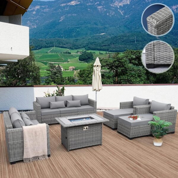 Rattaner 7-Piece Outdoor Furniture Sets Patio Furniture Set with 45-inch Fire Pit Patio Couch Outdoor Chairs 60000 BTU Propane Fire Pit Table with Non-Slip Cushions Waterproof Covers, Light Grey - Image 3