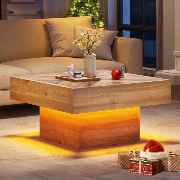 YITAHOME Farmhouse Coffee Tables Square Coffee Table for Living Room Wood LED Coffee Table with Storage Modern Living Room Tables with 2 Drawers,Brown - Image 3
