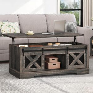 YITAHOME Farmhouse Coffee Table, Lift Top Coffee Table with Storage & Sliding Groove Barn Door,Rustic Coffee Tables for Living Room, Center Table for Living Room, Dark Rustic Oak