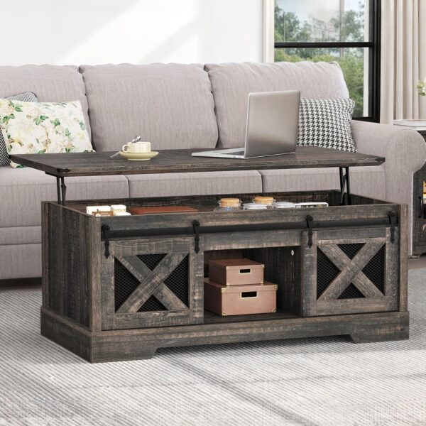 YITAHOME Farmhouse Coffee Table, Lift Top Coffee Table with Storage & Sliding Groove Barn Door,Rustic Coffee Tables for Living Room, Center Table for Living Room, Dark Rustic Oak