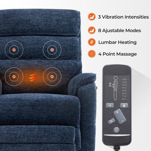 Irene House 9298L Big Tall Man Lay Flat Recliner Extra Large Oversized Power Lift Chair Dual Motor Heat Massage for Elderly, Extended Footrest(Chenille Blue) - Image 6