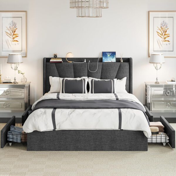 LIKIMIO Queen Bed Frame with Upholstered Headboard, Platform Bed with Storage Drawers and Outlets, Sturdy, Noiseless, No Box Spring Needed, Easy Assembly, Dark Gray - Image 3