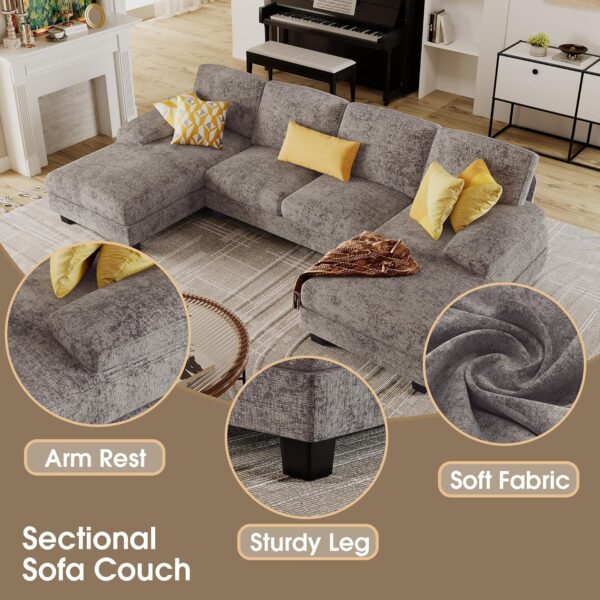 Furmax Sectional Couches for Living Room, U-Shaped Sofa Couch with Linen Fabric, 4 Seat Sofa Set with Double Chaise for Apartment (Fabric, Grey) - Image 5