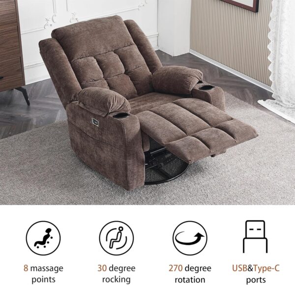 Power Swivel Rocker Recliner Massage Chair, USB and Type-C Ports, Electric Recliner Glider Reading Chairs Living Room, Upholstered Soft Fabric Reclining Sofa Chair (Fabric Coffee) - Image 7