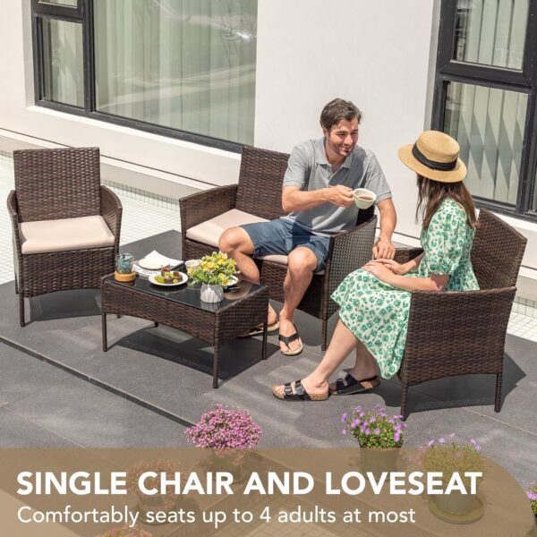 Devoko 4 Pieces Outdoor Patio Furniture Set, PE Rattan Wicker Chairs Balcony Lawn Porch Patio Furniture Sets with Beige Cushion and Table (Brown) - Image 5