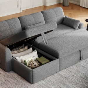 YITAHOME 86" Sleeper Sofa, 2 in 1 Convertible Sofa Bed with Pull Out Couch Bed and Storage Chaise, L-Shape Sectional Sofa for Living Room, Teddy Fleece, Grey