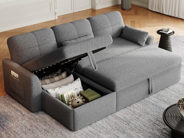 YITAHOME 86" Sleeper Sofa, 2 in 1 Convertible Sofa Bed with Pull Out Couch Bed and Storage Chaise, L-Shape Sectional Sofa for Living Room, Teddy Fleece, Grey