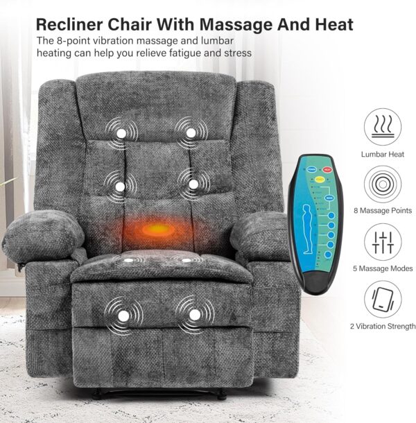 Recliner Chair for Adults with Massage and Heat, Breathable Fabric Reclining Chair with Side Pockets, Comfy Living Room Single Sofa Chair, Dark Grey - Image 4