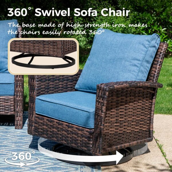 5-Piece Patio Furniture Set, Oversized Outdoor Wicker Sofa with High Back Swivel Chairs and Comfy Ottoman, Sectional Rattan Outdoor Conversation Set for Poolside Backyard Deck, Blue - Image 2