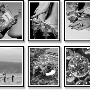 Fashion Wall Art Prints Set of 6 Feminist Black and White Glam Posters Retro Luxury Modern Women Champagne Mirror Ball Canvas Wall Decor for Living Room Bedroom (B, 8"x10" UNFRAMED)