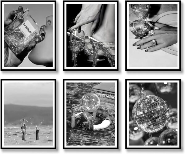 Fashion Wall Art Prints Set of 6 Feminist Black and White Glam Posters Retro Luxury Modern Women Champagne Mirror Ball Canvas Wall Decor for Living Room Bedroom (B, 8"x10" UNFRAMED)