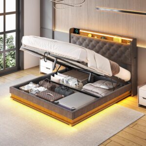 Full Size Lift Up Storage Bed Frame with Charging Station & Led Lights, Upholstered Platform Bed with Button Tufted Wingback Storage Headboard, Hydraulic System, No Box Spring Needed, Grey