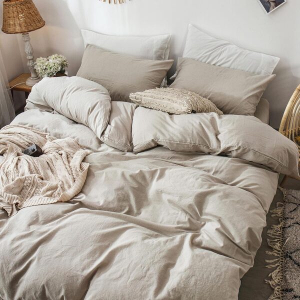 MooMee Bedding Duvet Cover Set 100% Washed Cotton Linen Like Textured Breathable Durable Soft Comfy (Tannish Linen Grey, Queen) - Image 4