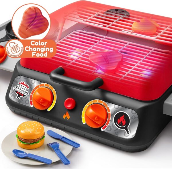 Kids BBQ Grill Playset, Kitchen Toy Set with Pretend Smoke, Light, Sound & Color-Changing Food, Toy Kitchen Accessories, Indoor Outdoor Cooking Toy for Boys Girls Kids - Image 3