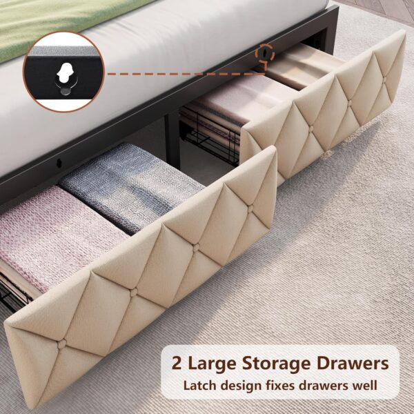 Full Size Bed Frame with 2 Storage Drawers, Upholstered Full Bed Frame with LED Lights Headboard and Charging Station, No Box Spring Needed, Easy Assembly- Beige - Image 5