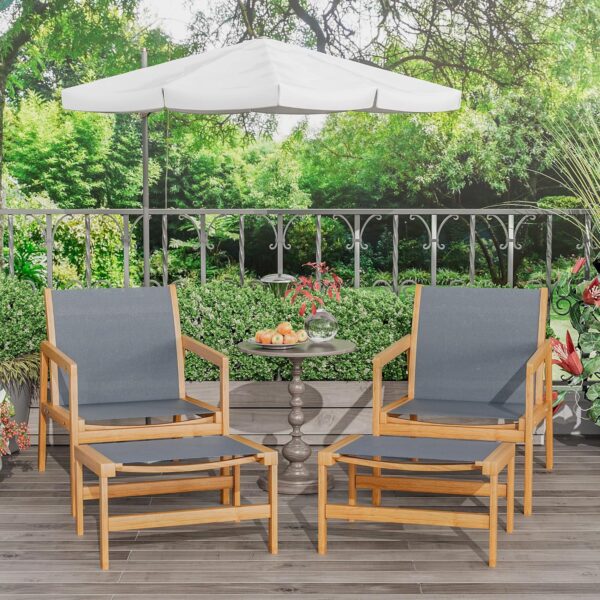 Greesum 4 Piece Furniture Outdoor Acacia Wood Chair with Ottoman for Porch, Balcony, Deck, Patio, Backyard, Gray - Image 4