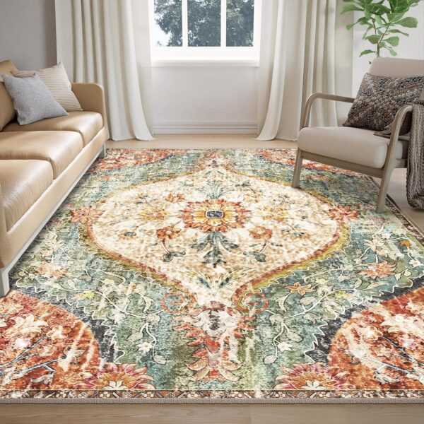 5x7 Area Rugs for Living Room Machine Washable Vintage Boho Rugs Bedroom Carpet Rugs Non Slip Low Pile Water Repellent Soft Distressed Indoor Decor Polyester Area Rug Beigered