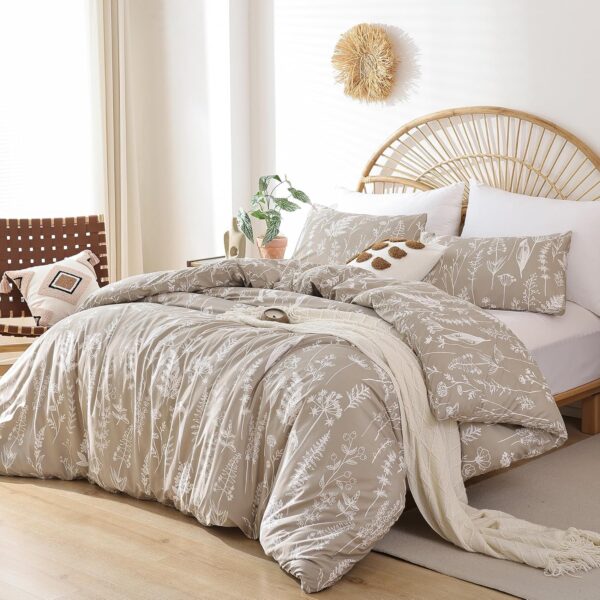 JANZAA Duvet Cover Twin Oatmeal Boho Duvet Cover with White Floral Patterns Botanical Bedding Soft Microfiber Bed Cover with Zipper Closure 4 Ties (1 Pillow Cases) - Image 3