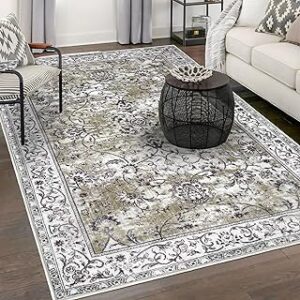 KILOCOCO Vintage Floral Area Rug, 5'x7', Taupe, Faux Wool, Machine Washable, Non-Slip, Living Room, Bedroom, Kitchen, Moroccan Style