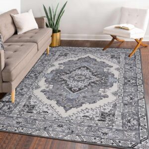 ISEAU Area Rug 6x9 - Rug for Living Room Bedroom Non-Slip Machine Washable Rug, Vintage Rug Low Pile Indoor Floor Distressed Carpet, Accent Rugs for Bedroom Living Room Kitchen Dining Room, Grey