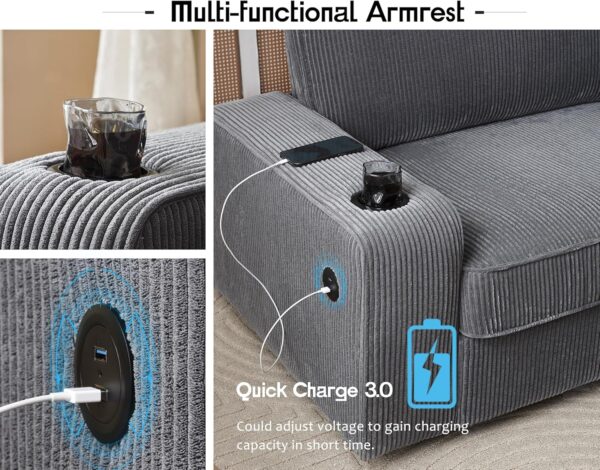 VanAcc Sofa, 3 Piece Set, Deep Seat Couches with Cup Holders & USB Charging Ports, Modern Couches- Comfy Sofas for Living Room(Ash Grey Corduroy) - Image 3
