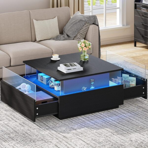 YITAHOME Coffee Table, Coffee Tables for Living Room with Storage, Square Coffee Table with 2 Sliding Drawers, Modern Coffee Table with LED Light, Acrylic Wood Center Table, Black - Image 3
