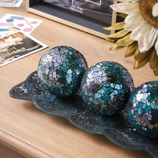 KMwares 12.4” Mosaic Glass Decorative Tray Dish Plate with 3pcs 3" Decorative Orbs Balls Sphere Decor for Living Room or Dining Coffee Table Mantle Decor Centerpiece (Turquoise) - Image 6