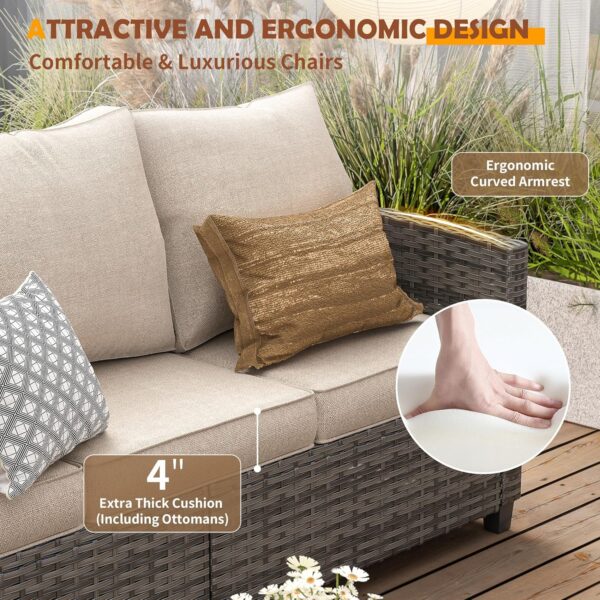 UDPATIO Outdoor Patio Furniture Set with 44" Fire Pit Table, 6 Pieces Sectional Conversation Sets, All-Weather Wicker Rattan Sofa Ottoman with 4" Thick Cushion for Garden Backyard Deck, Dark Grey - Image 5