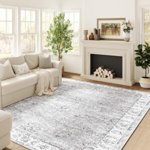 jinchan Washable Area Rug 6x9 Low Pile - Living Room Rug Grey Floral Print Stain Resistant Large Area Rug - Indoor Distressed Boho Carpet Ultra-Thin Non-Slip Rug Bedroom Dining Room Office Farmhouse