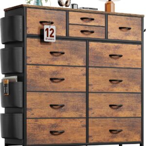 Dresser for Bedroom with 12 Drawers, Chest of Drawers with Side Pockets and Hooks, Fabric Dresser Drawers for Living Room, Hallway, Entryway (Rustic Brown)