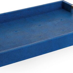 Modern Elegant 18”x12” Rectangle Navy Blue Rectangle Shagreen Decorative Ottoman Coffee Table Perfume Living Room Kitchen Serving Tray with Brass Gold Metal Handles for All Occasion's
